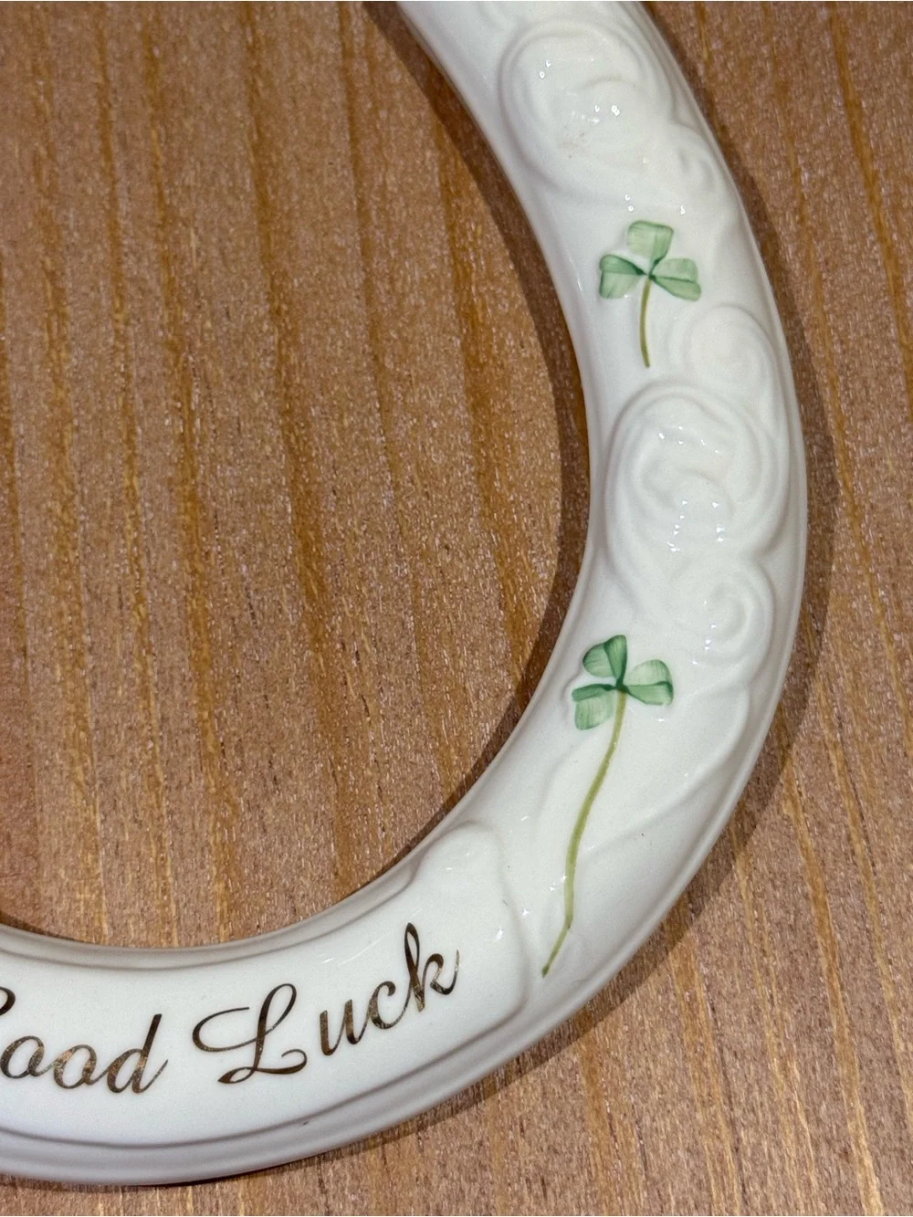 Belleek Good Luck White Ceramic Horseshoe Wall Decor with Green Accents